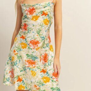 HYFVE‎ Floral Cowl Neck Flirty Satin Mini Dress